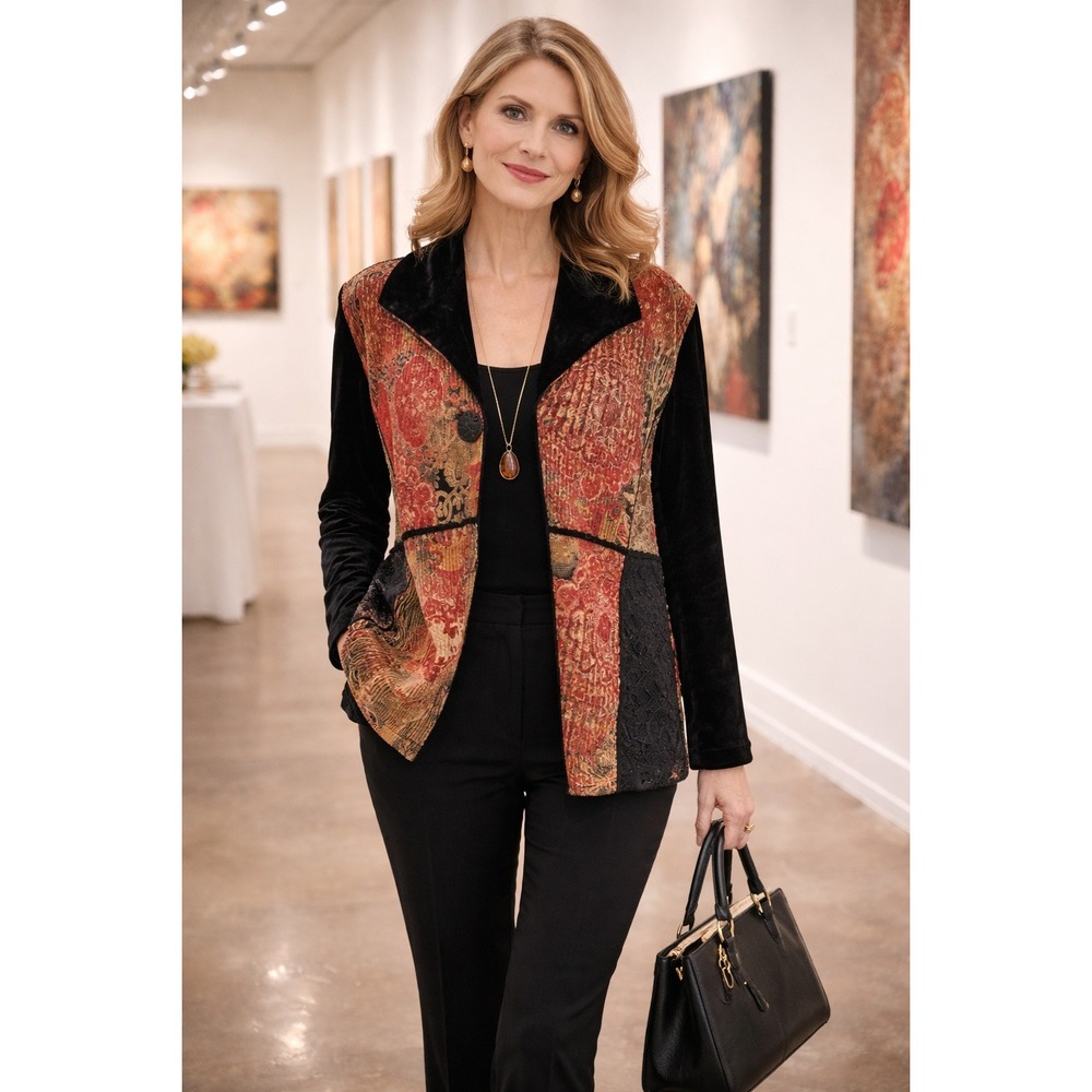 Coldwater Creek Womens Large Velvet Patchwork Jacket Art To‎ Wear Boho Fly Away
